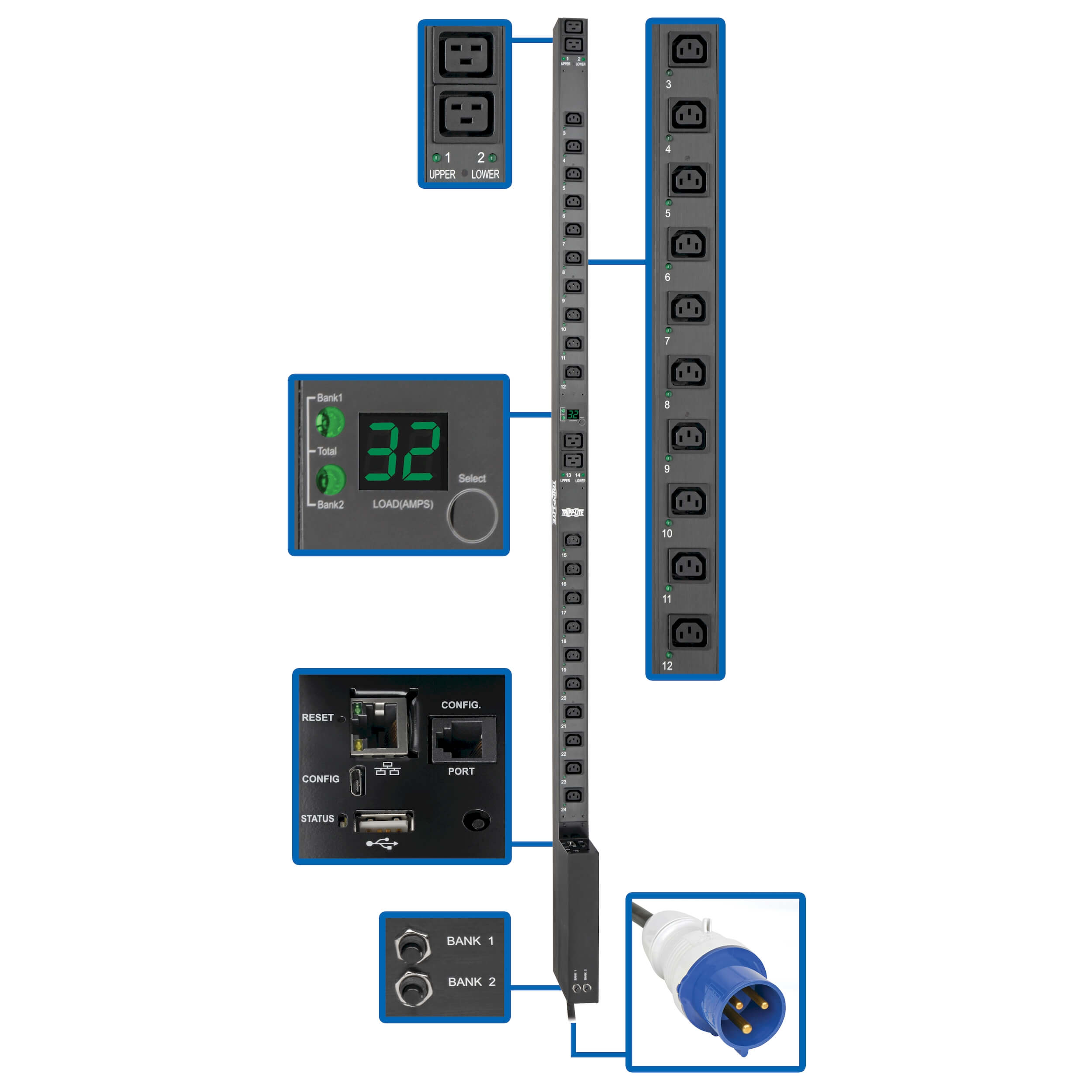 V32HVNETLX Однофазный управляемый PDU с интерфейсом LX Platform: мощность 7,7 кВт; выход 230 В, входной разъем IEC 309 синего цвета на 32 А; шнур длиной 3,05 м; вертикальный (0U), соотв. треб
